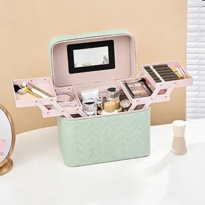 Quilted PU Leather Makeup Box Case Multi-Tier Expansion Trays Built-In Mirror Portable Travel Waterproof Cosmetic Organizer