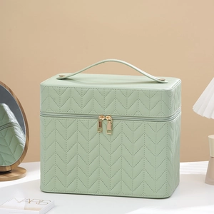 Mint green quilted water ripple makeup bag with gold zipper and large capacity handle