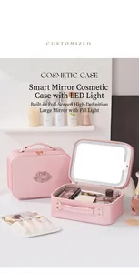 Custodia per trucco in pelle rosa con specchio LED e design di labbra con strass