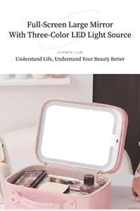 Dettaglio del beauty case con specchio LED integrato e illuminazione a tre colori