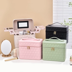 Close-up of three-layer unfolding interior of the portable PU makeup case with mirror