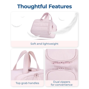 Close-up of quilted cosmetic bag featuring double handles and a smooth dual-zipper system