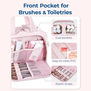 Detail of pink makeup bag featuring front brush pockets and easy-clean PVC lining