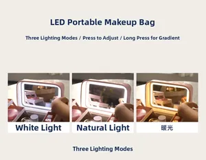 Pink cosmetic bag featuring a built-in LED mirror with three adjustable lighting modes