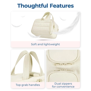 Detailed close-up of lightweight quilted beige cosmetic bag with dual zippers and handles