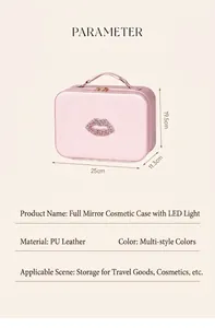 Borsa trucco in pelle rosa con specchio LED, motivo a labbra e dimensioni 25x19x11cm