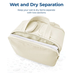 Detail of waterproof beige travel bag with wet and dry separation and zipper closure