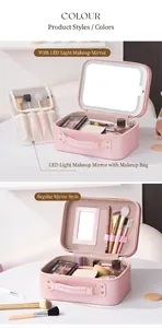 Dettaglio borsa trucco in pelle rosa con specchio LED e scomparti per pennelli cosmetici