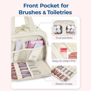 Detail showing PVC stain-resistant lining and elastic bands for makeup brush storage