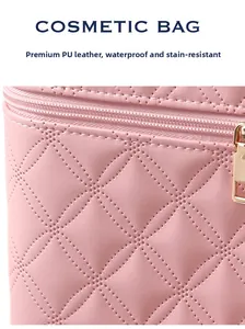 Macro shot of pink waterproof PU leather with quilted diamond stitching on cosmetic bag