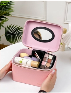 Roze PU-lederen make-up koffer met interne ovale spiegel en grote opbergruimte ontwerp