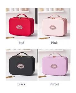 Borse da trucco quadrate in rosso, rosa, nero e viola con motivo di labbra con paillettes