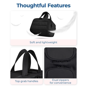 Macro detail of quilted makeup bag featuring smooth dual zippers and a reinforced handle