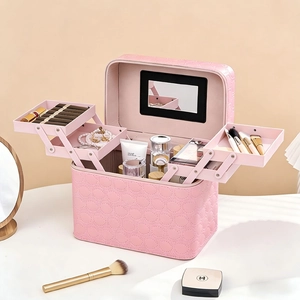 Pink PU quilted makeup case with mirror and three-tier expanding storage trays