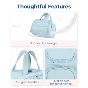 Detail of light blue quilted toiletry bag showing the soft texture and double zippers