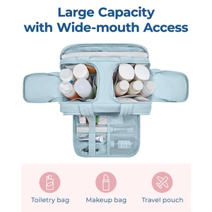Detail view of large capacity blue toiletry bag with wide-mouth access and mesh dividers