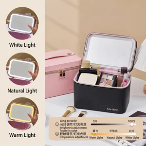 Draagbare PU-lederen make-up koffer met LED-spiegel en drie instelbare lichtstanden
