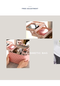 Pink quilted PU makeup case with multi-layer folding cantilever trays and built-in mirror