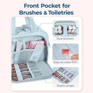 Detail view of large capacity makeup bag showing elastic brush slots and PVC compartments