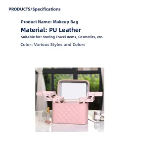 Detail of pink diamond-pattern PU makeup case with built-in mirror and folding trays