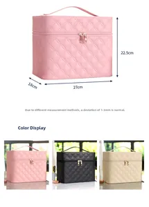 Quilted PU leather makeup bag dimensions 27x18x22.5cm with handle and gold zippers