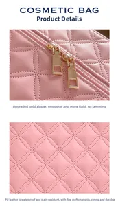 Detail of pink quilted PU leather makeup bag with upgraded golden double zippers