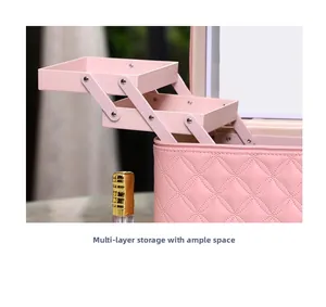 Pink quilted PU makeup case featuring a multi-layer foldable interior with built-in mirror