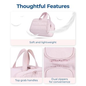 Quilted light pink cosmetic bag with dual handles and lightweight waterproof fabric