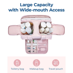 Pink large capacity travel cosmetic bag with wide-open compartments and elastic straps