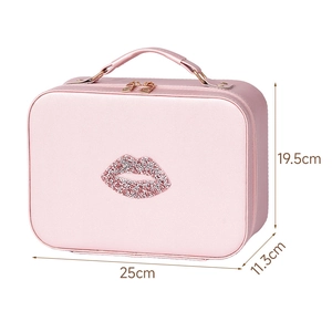Borsa per cosmetici rosa con labbra di paillettes e specchio per viaggio 25x19,5cm