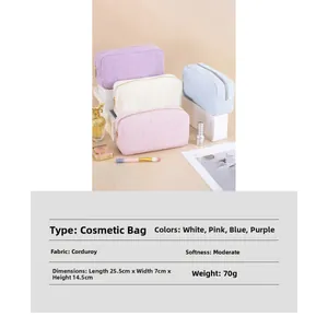 Dettaglio di trousse per cosmetici in velluto a coste color pastello con cerniera dorata