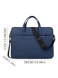 Vue détaillée du sac d'ordinateur bleu marine avec dimensions 38x28x3cm et bandoulière