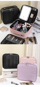Macro detail of the interior LED mirror and adjustable dividers inside the makeup case