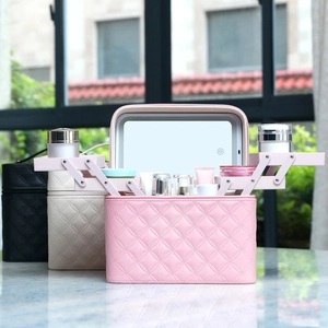 Diamond pattern PU makeup case with LED mirror and tiered folding trays in three colors