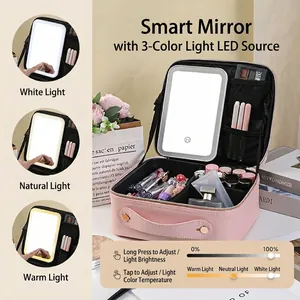 Pink travel makeup case with integrated LED mirror and adjustable three-color lighting