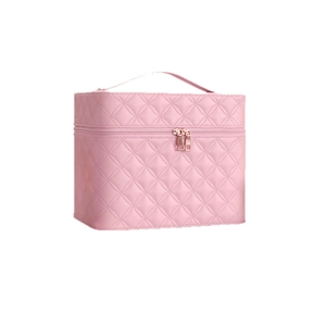 Pink quilted PU leather makeup bag with large capacity and sturdy top handle