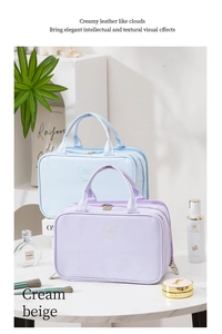 Close-up of pastel blue and purple makeup bags with bow detail and sturdy top handles