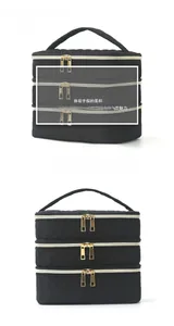 Detailed view of the three-layer quilted makeup bag showing large capacity and black nylon finish