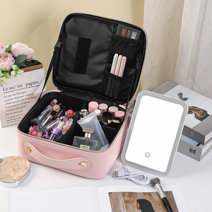 Pink professional makeup case with LED mirror and compartments for cosmetic storage