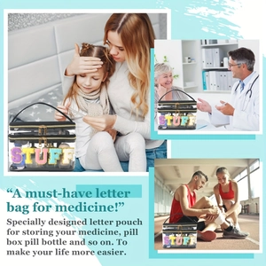 Bolsa de medicina de doble capa con bordado STUFF mostrada en varios escenarios de uso