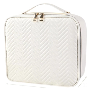 White quilted cosmetic travel bag with LED mirror light and reinforced gold zip handle