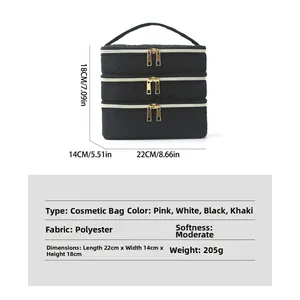 Three-layer quilted travel toiletry bag made of polyester with multi-compartment storage