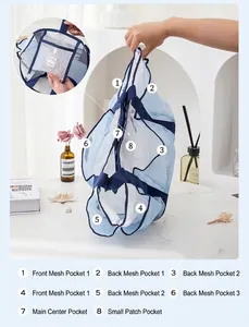 Detail showing 8 functional mesh compartments and durable straps of the beach bag