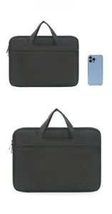 Detailed view of black business laptop bag size compared to a blue smartphone