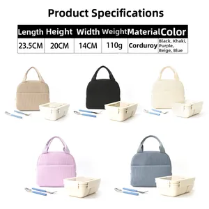 Sac à déjeuner isotherme en velours côtelé avec dimensions et cinq coloris divers