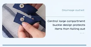 Close-up of the metal buckle closure on a blue mesh travel bag for secure storage