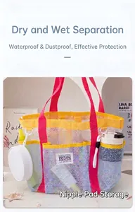 Detail of colorful mesh beach bag with dry-wet separation pockets and white label