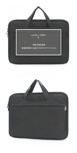 Close-up of minimalist black business laptop bag with dual handles and metal zippers
