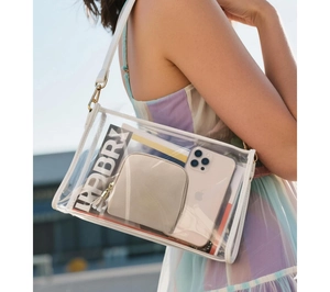 Dettaglio borsa in PVC trasparente con finiture in pelle bianca e vista interna