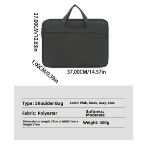 Detailed size chart for the black slim polyester laptop bag with dimension markings